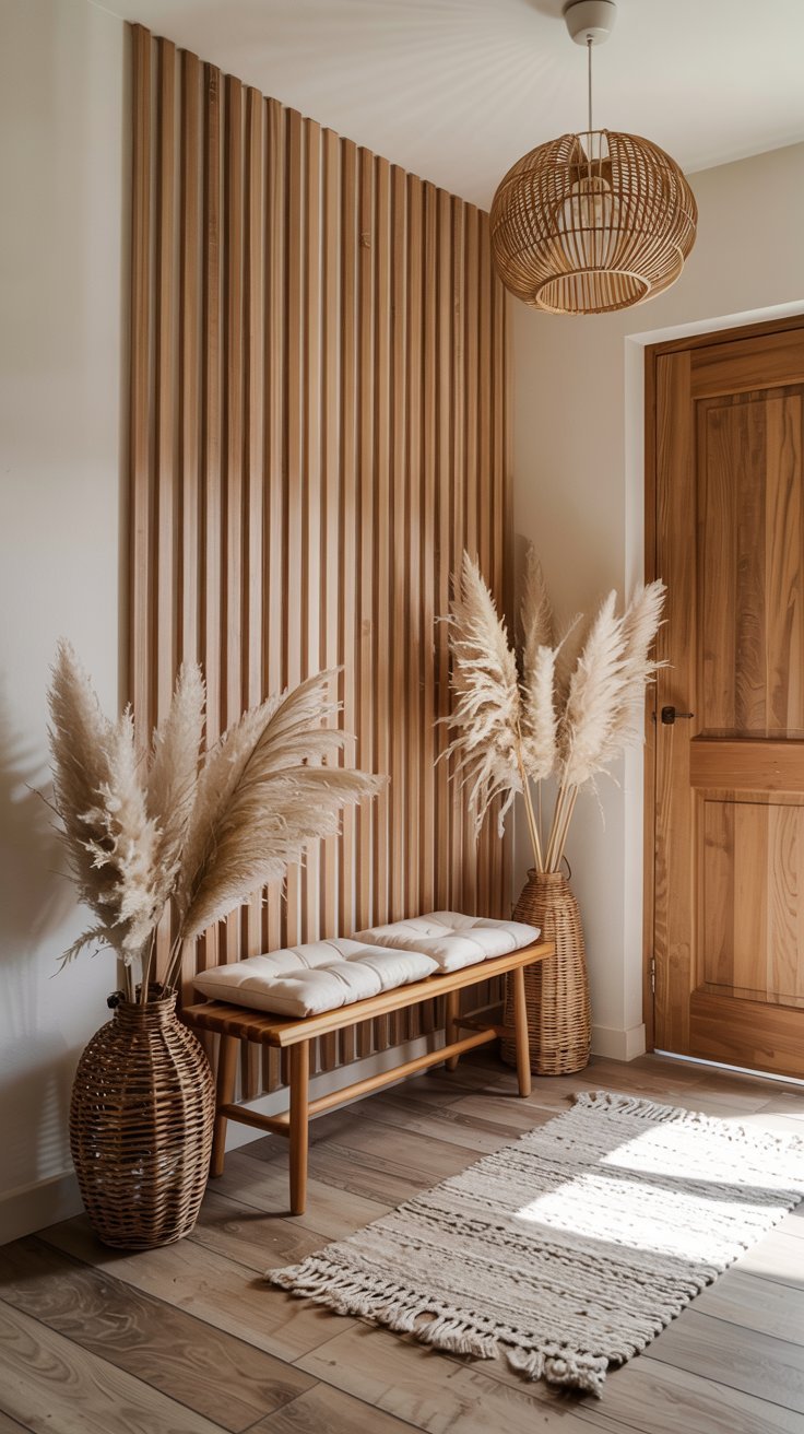 Mur en tasseaux de bois clair dans une entrée avec banc et herbes de la pampa