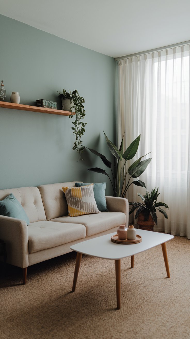 Canapé beige devant un mur vert sauge avec étagère en bois