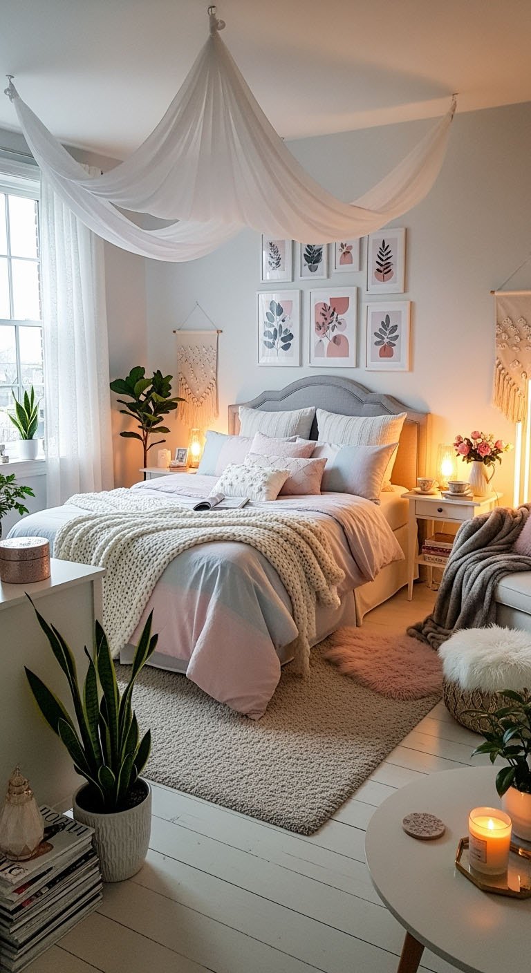 Chambre cocooning avec un baldaquin en tissu blanc et des tons pastel roses.