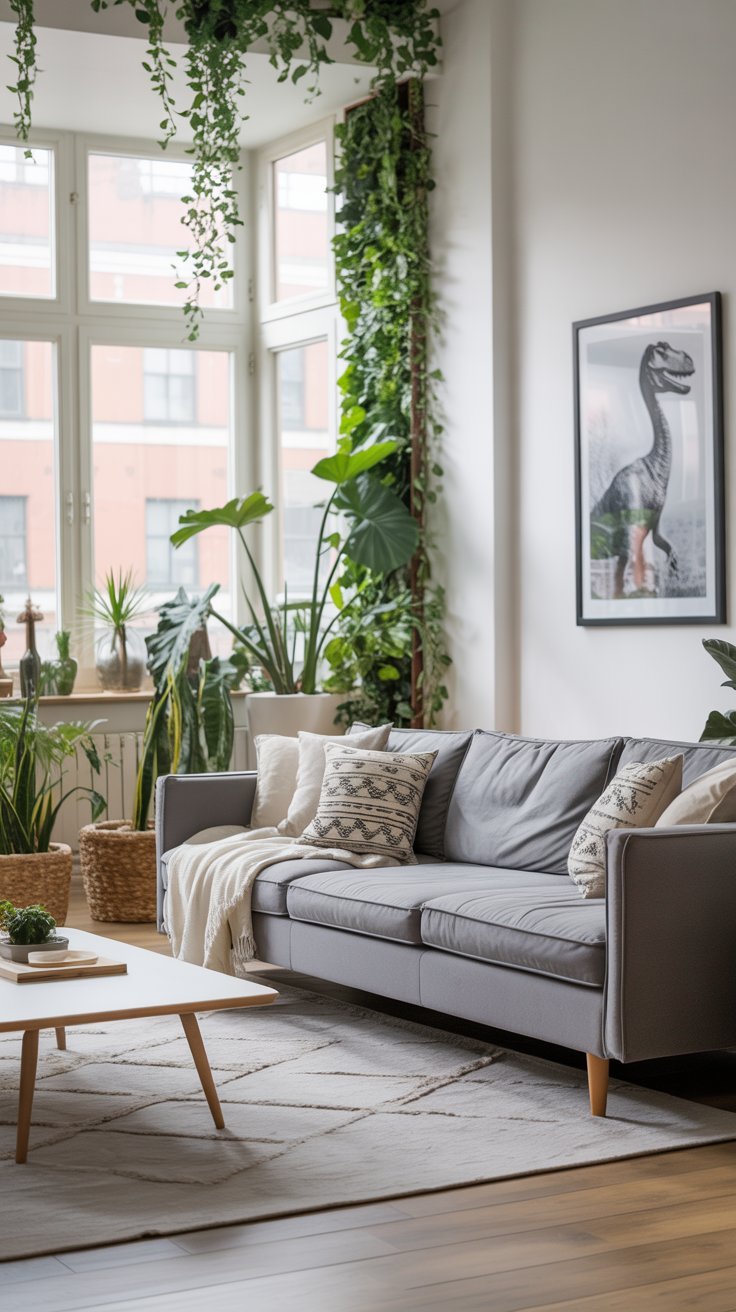 Canapé gris dans un salon avec un mur de plantes grimpantes