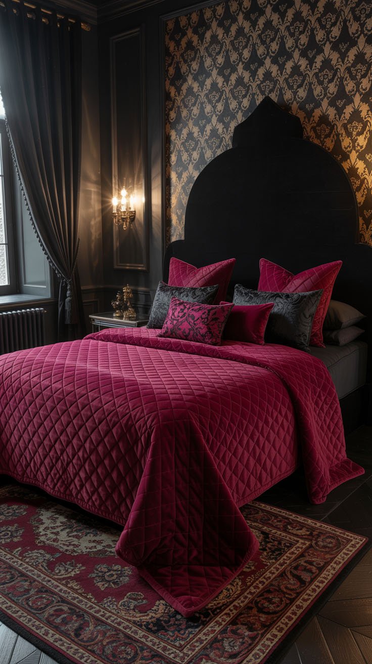 Chambre luxueuse noire et bordeaux avec tête de lit spectaculaire