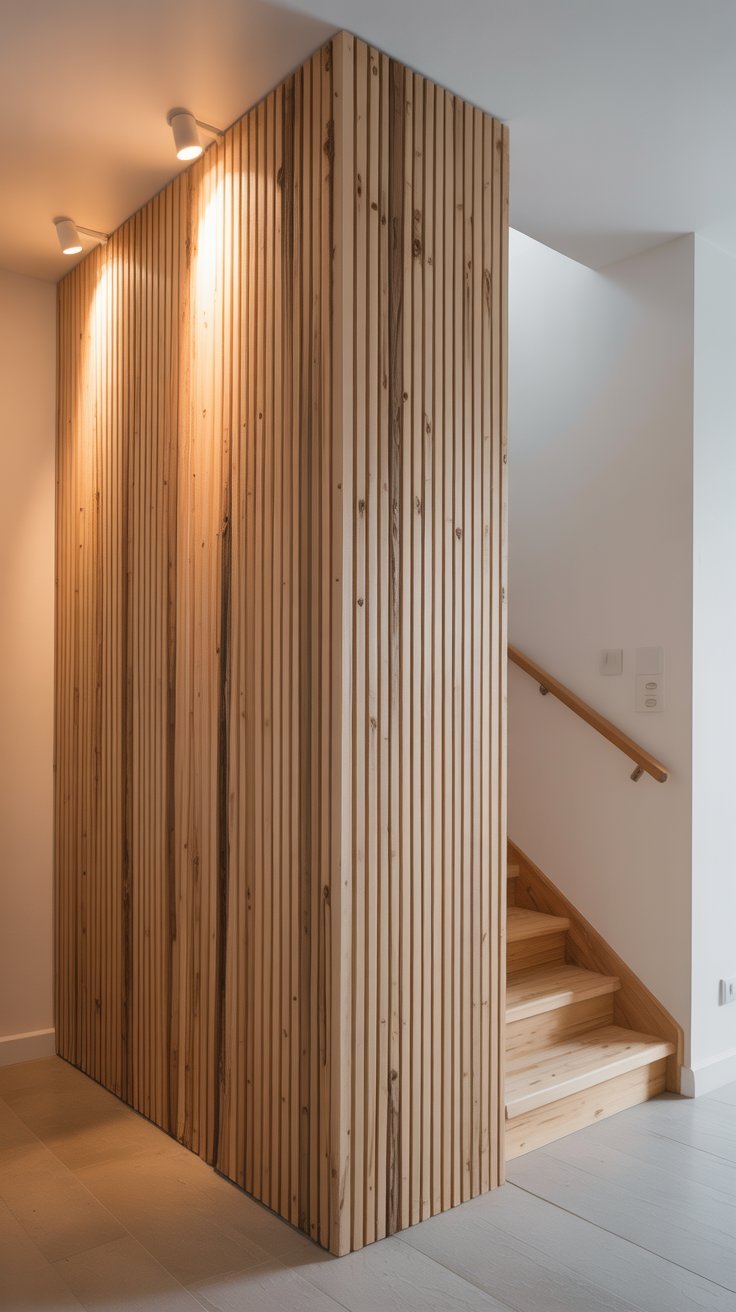 Cloison en tasseaux de bois clair à côté d un escalier en bois