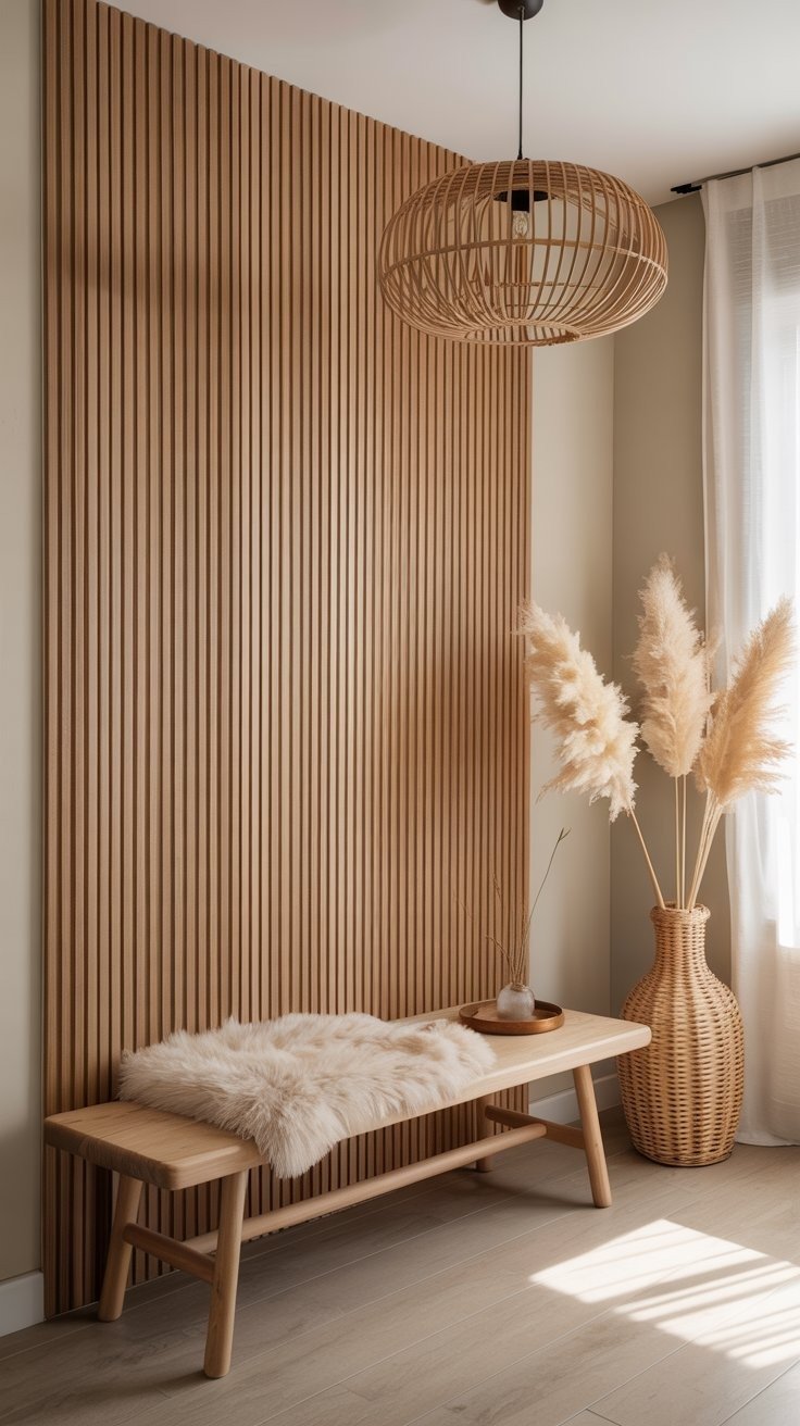 Coin détente bohème avec banc en bois et suspension en rotin