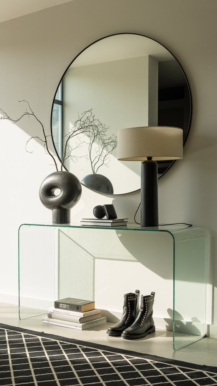 Console entrée en verre transparent avec grand miroir rond noir