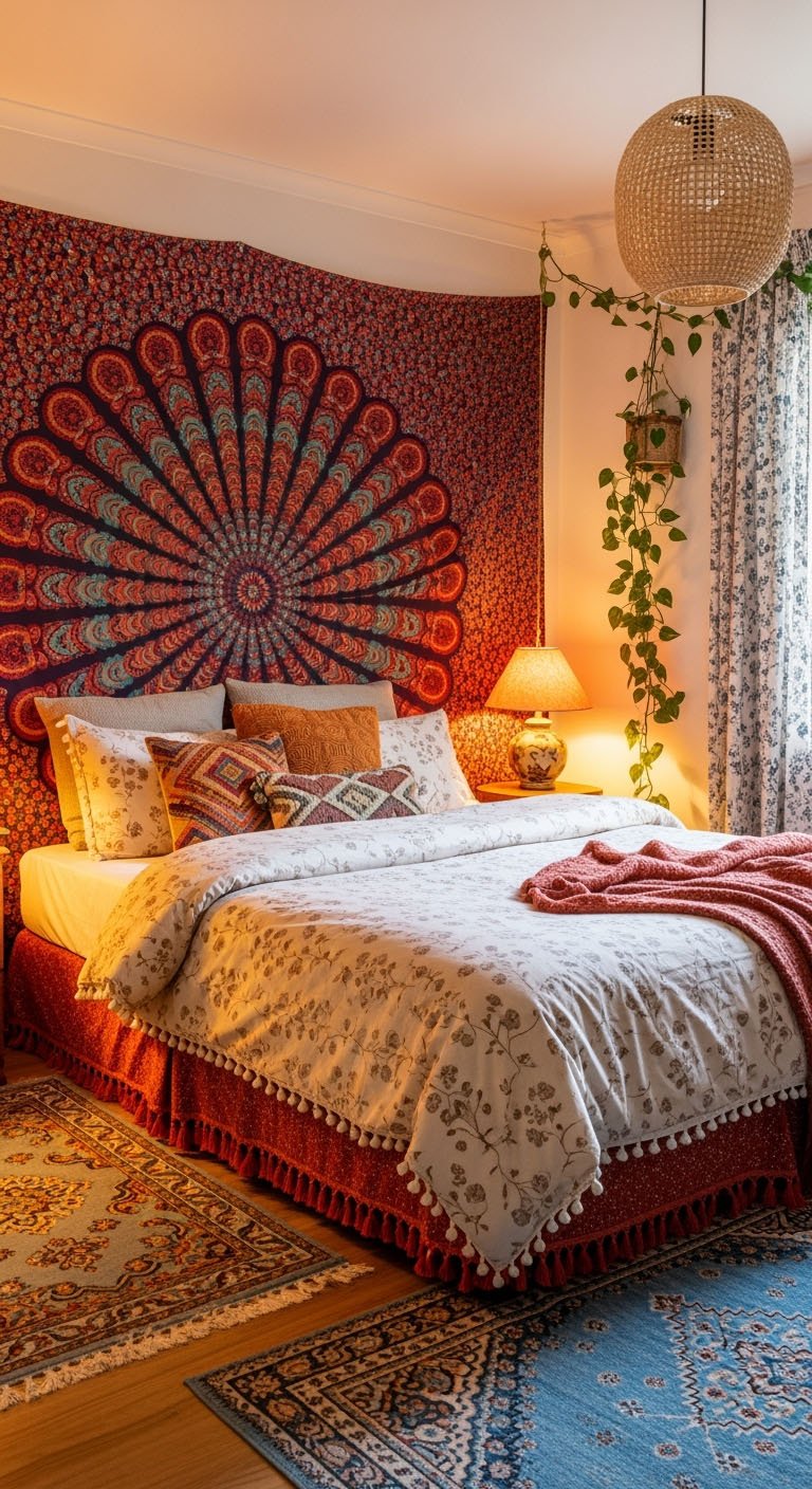 Grande tenture murale mandala derrière un lit éclairé