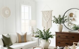 Salon blanc avec fauteuils en bois et grand lustre noir
