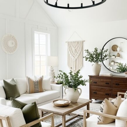 Salon blanc avec fauteuils en bois et grand lustre noir
