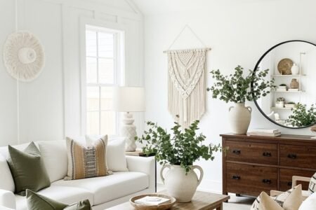 Salon blanc avec fauteuils en bois et grand lustre noir