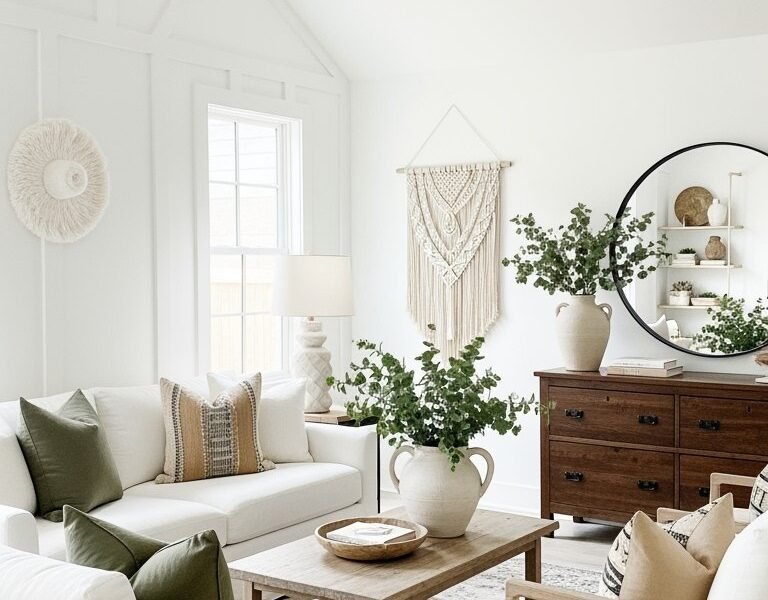 Salon blanc avec fauteuils en bois et grand lustre noir