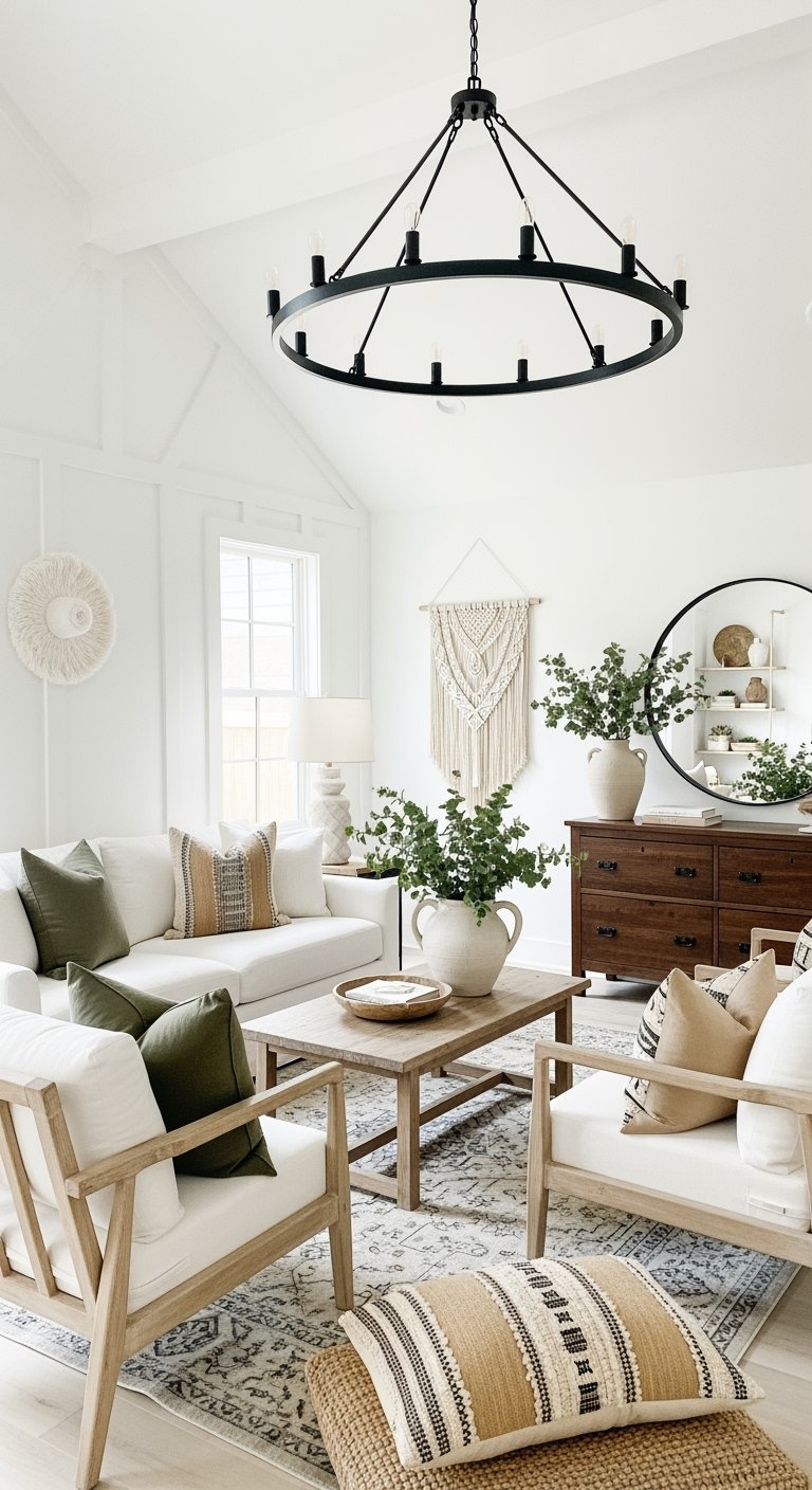 Salon blanc avec fauteuils en bois et grand lustre noir