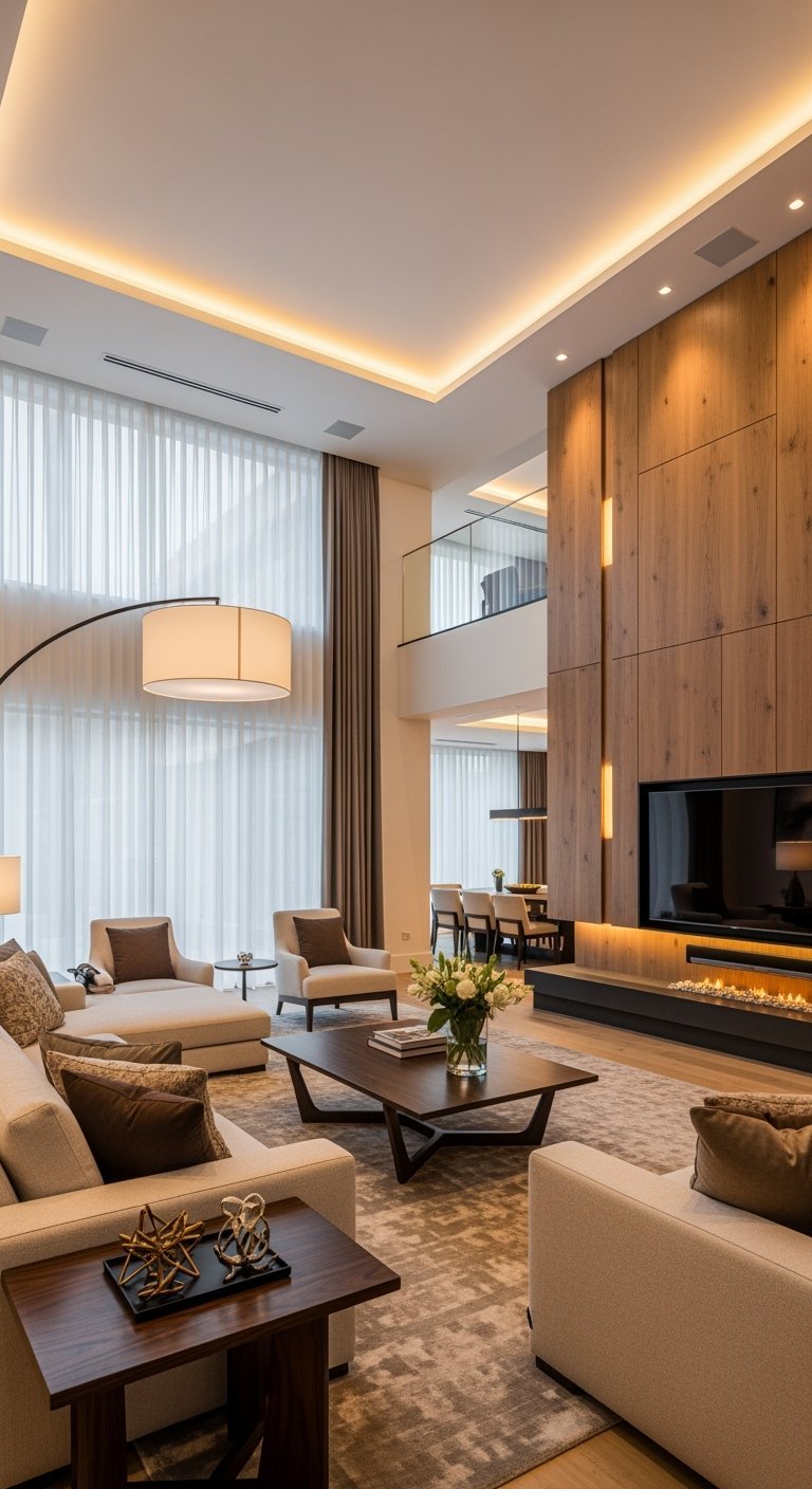 Salon de luxe avec haut plafond et mur en bois et cheminée