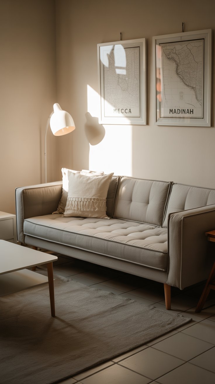 Salon minimaliste avec canapé gris et lampadaire design