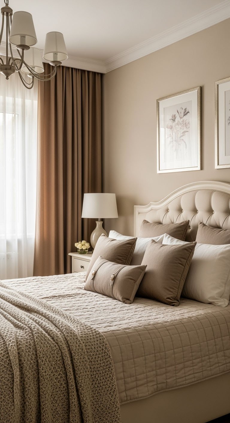 Chambre élégante dans les tons beiges avec de nombreux coussins moelleux.