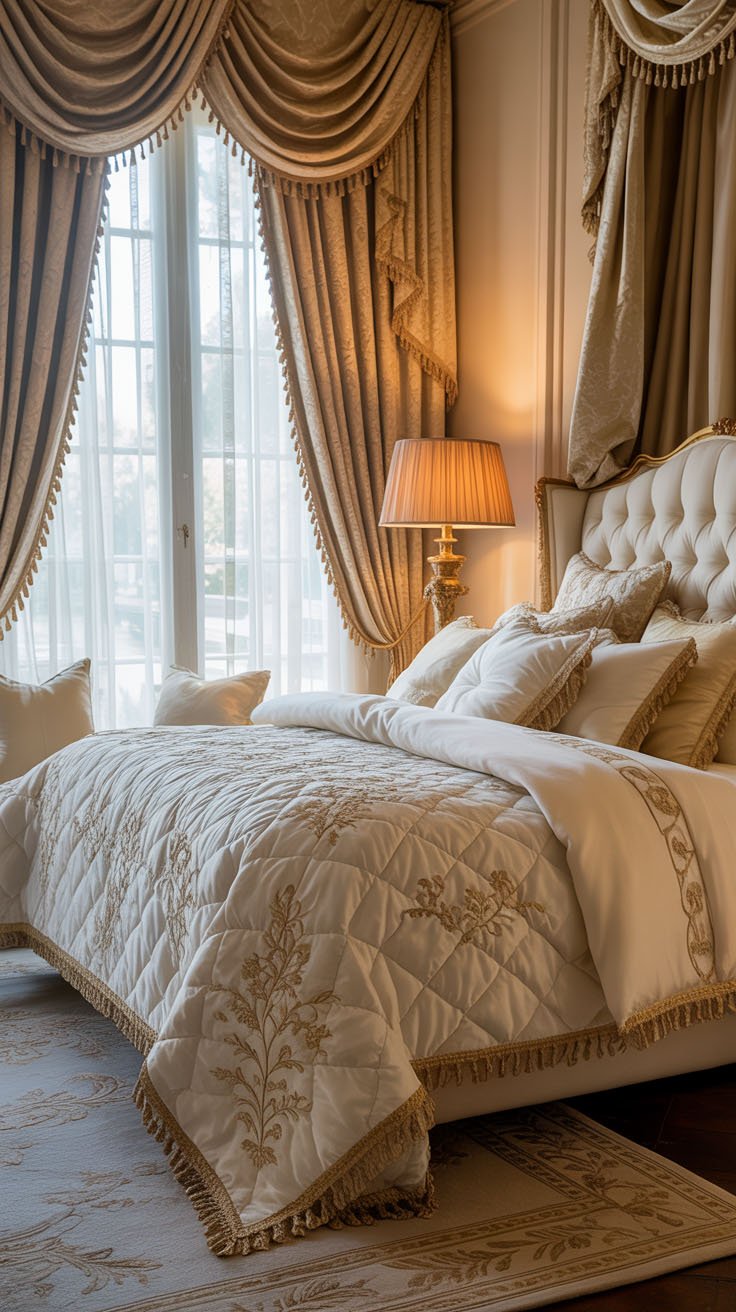 Chambre opulente avec rideaux lourds et literie en satin brodé