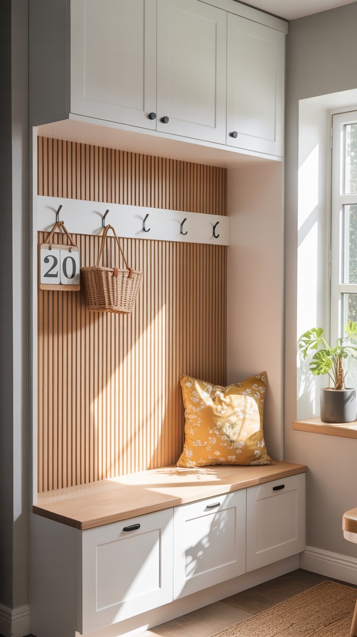 Banc d entrée intégré dans une niche avec un fond en tasseaux de bois