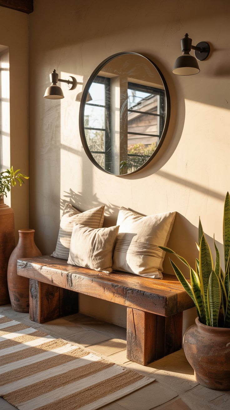 Banc rustique en bois brut avec miroir rond noir