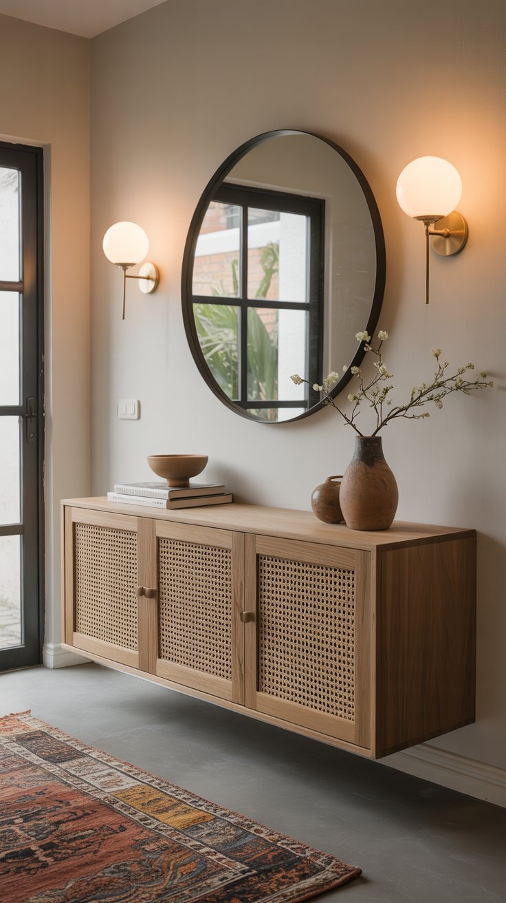 Buffet suspendu en bois et cannage avec miroir rond et appliques murales
