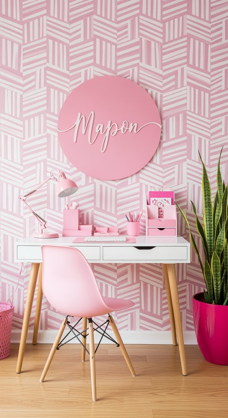 Bureau blanc et rose avec chaise et accessoires roses assortis devant un mur graphique