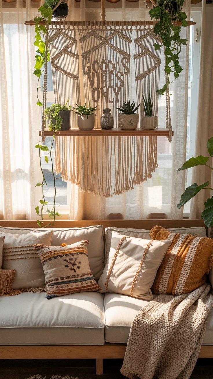 Canapé de style bohème avec une décoration murale en macramé