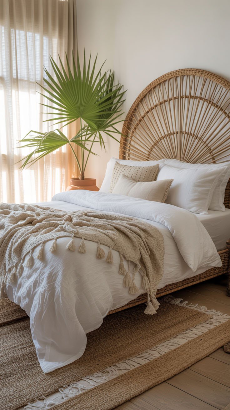 Chambre bohème tropicale avec tête de lit en rotin et plante