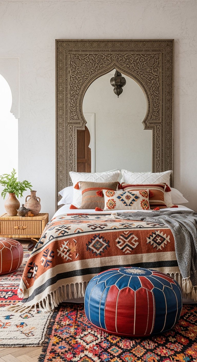 Chambre d'inspiration marocaine avec grand miroir sculpté