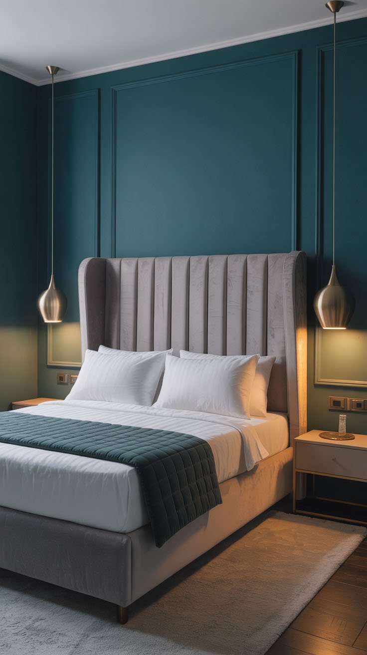Chambre sarcelle avec haute tête de lit capitonnée et suspensions dorées
