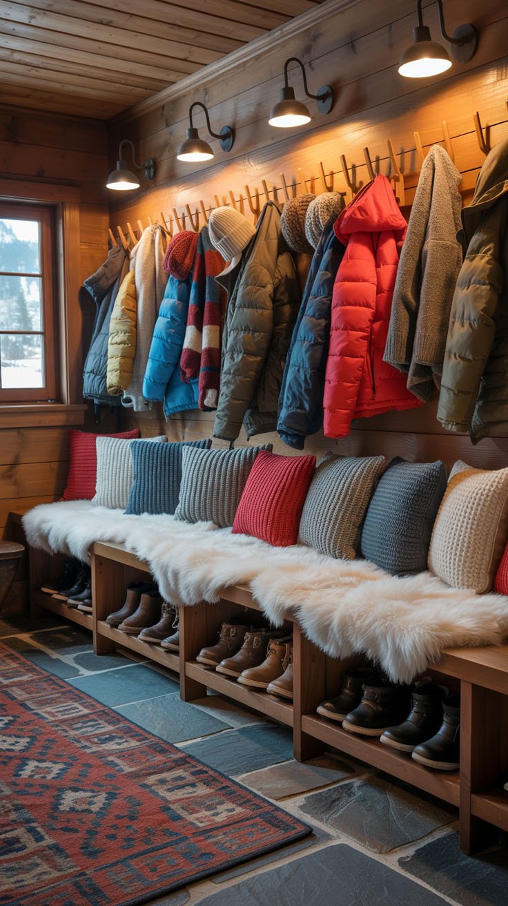 Mudroom avec banc de rangement pour chaussures et manteaux d'hiver