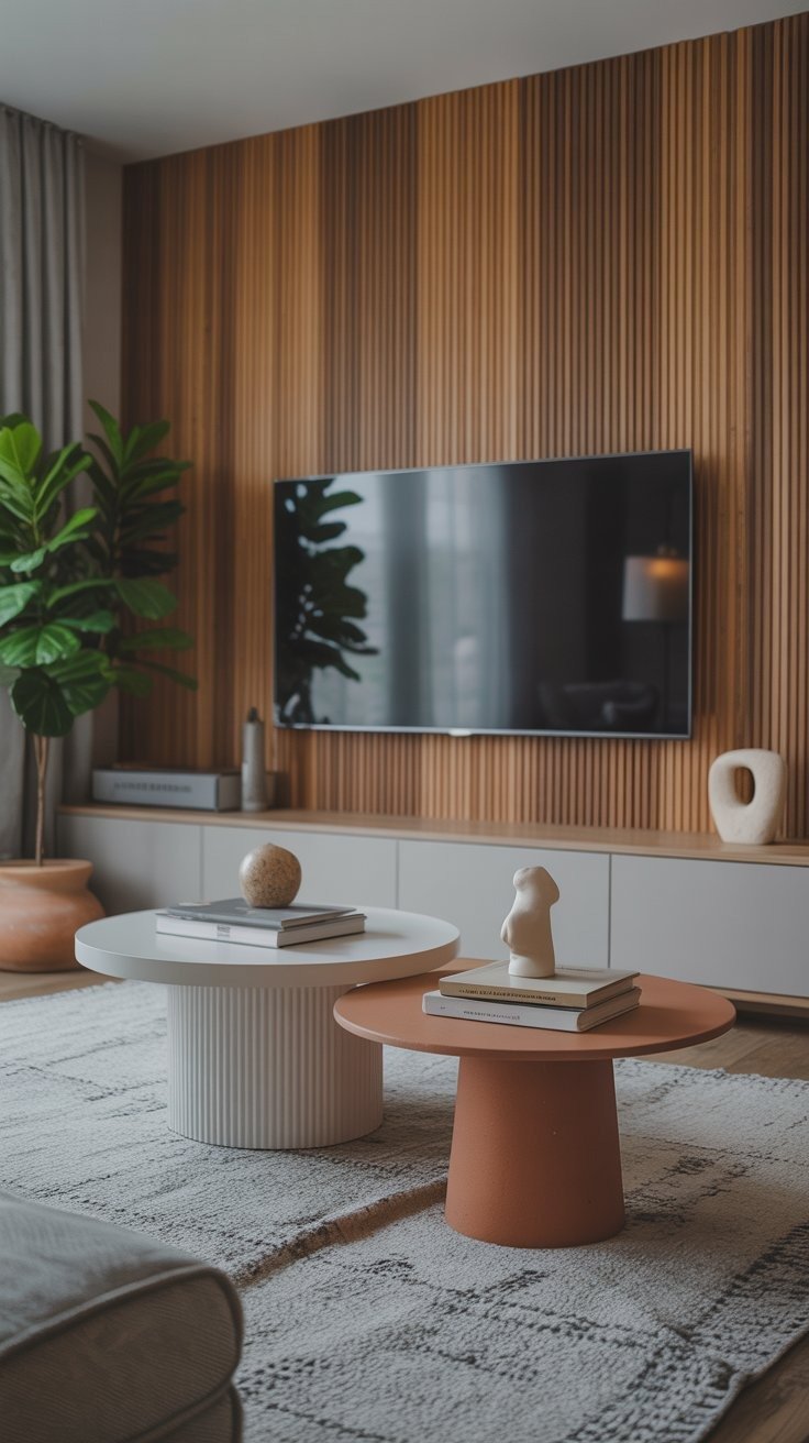 Salon avec mur de tasseaux en noyer derrière un meuble TV