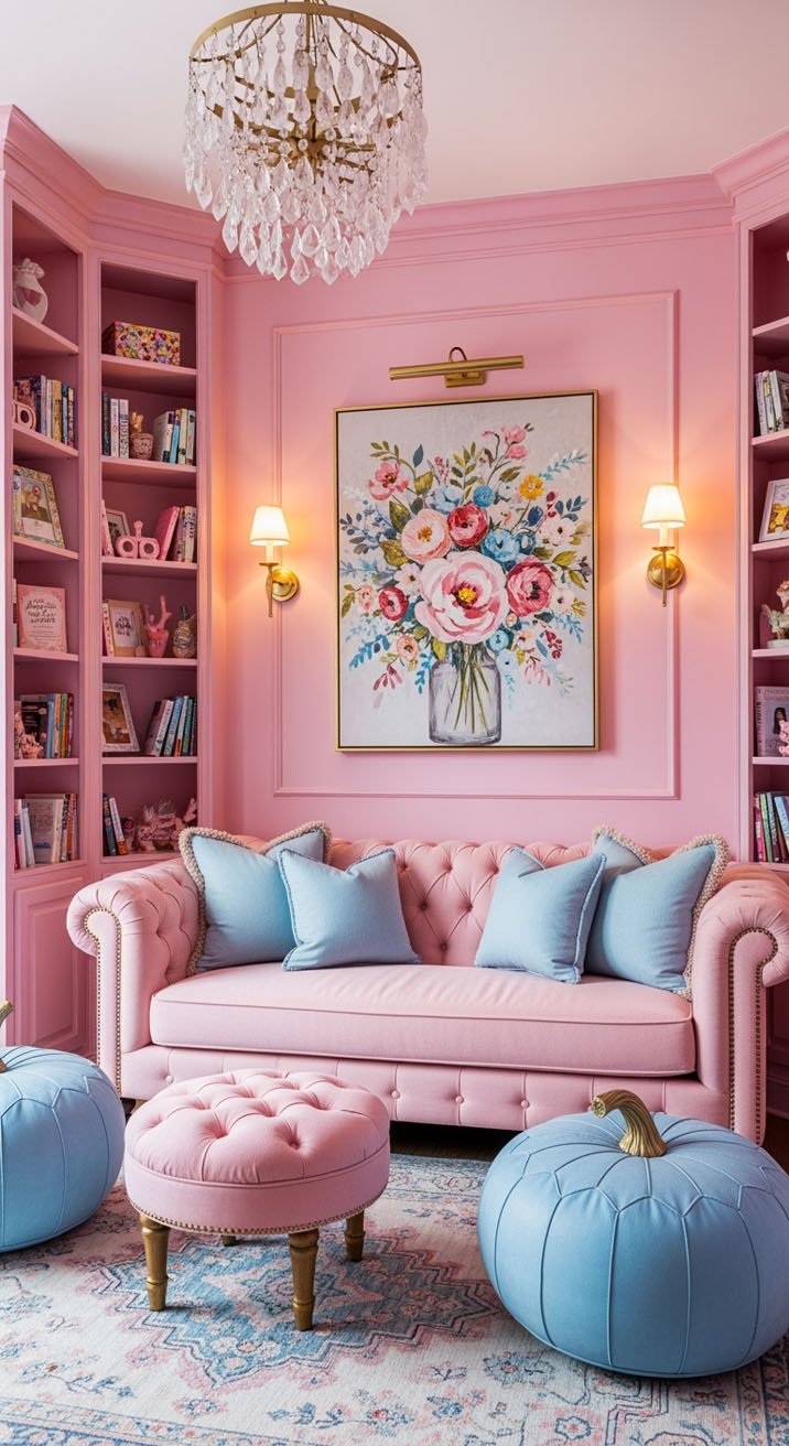 Salon de lecture rose avec canapé Chesterfield et lustre en cristal