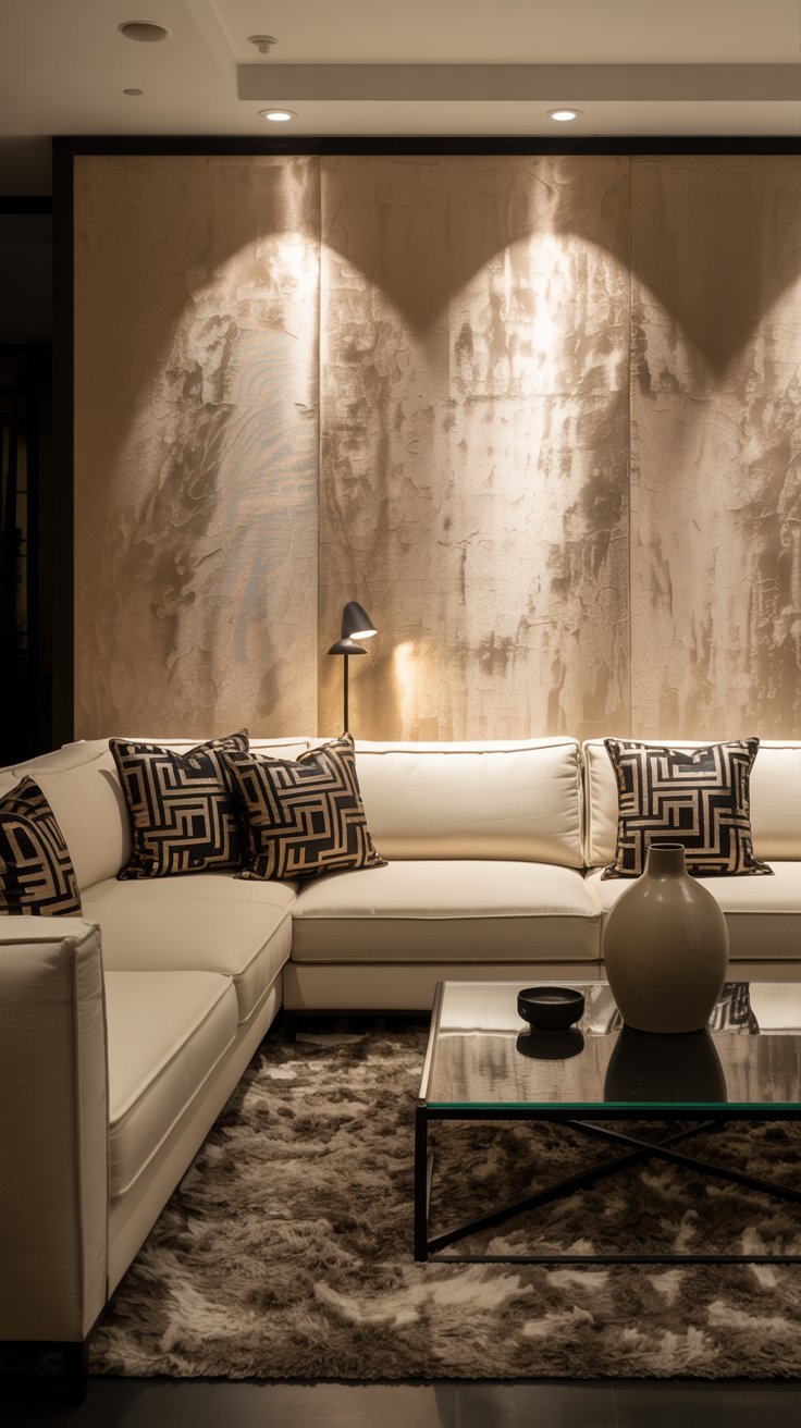 Salon de luxe avec canapé blanc et mur texturé