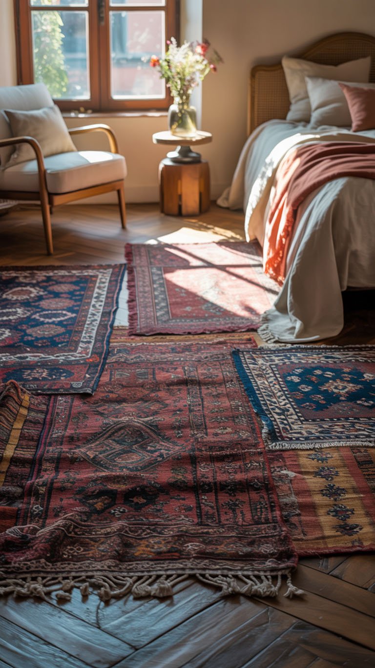 Superposition de tapis vintage a motifs sur un parquet