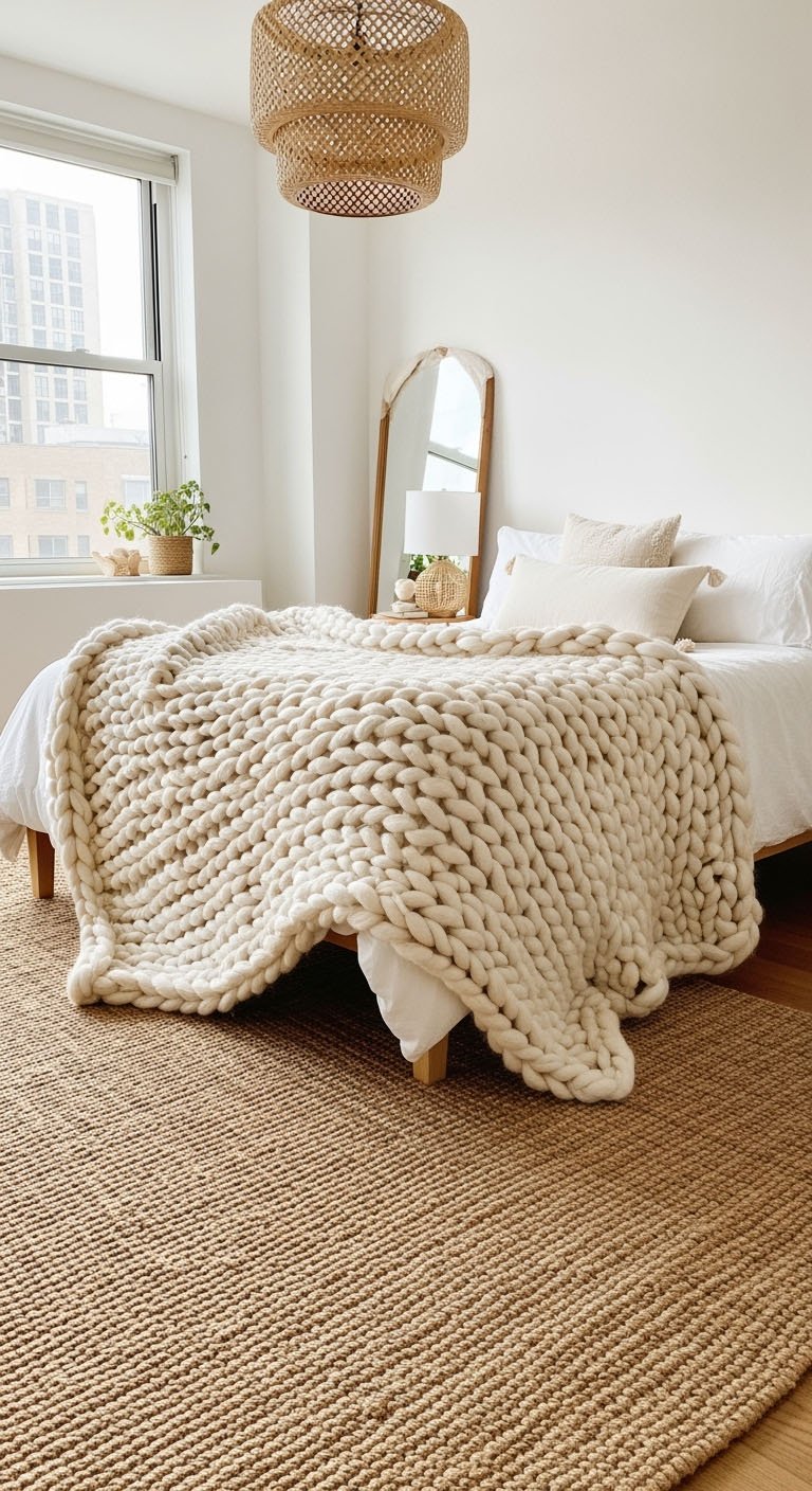 Chambre lumineuse avec un plaid en grosse maille et un tapis en jute.