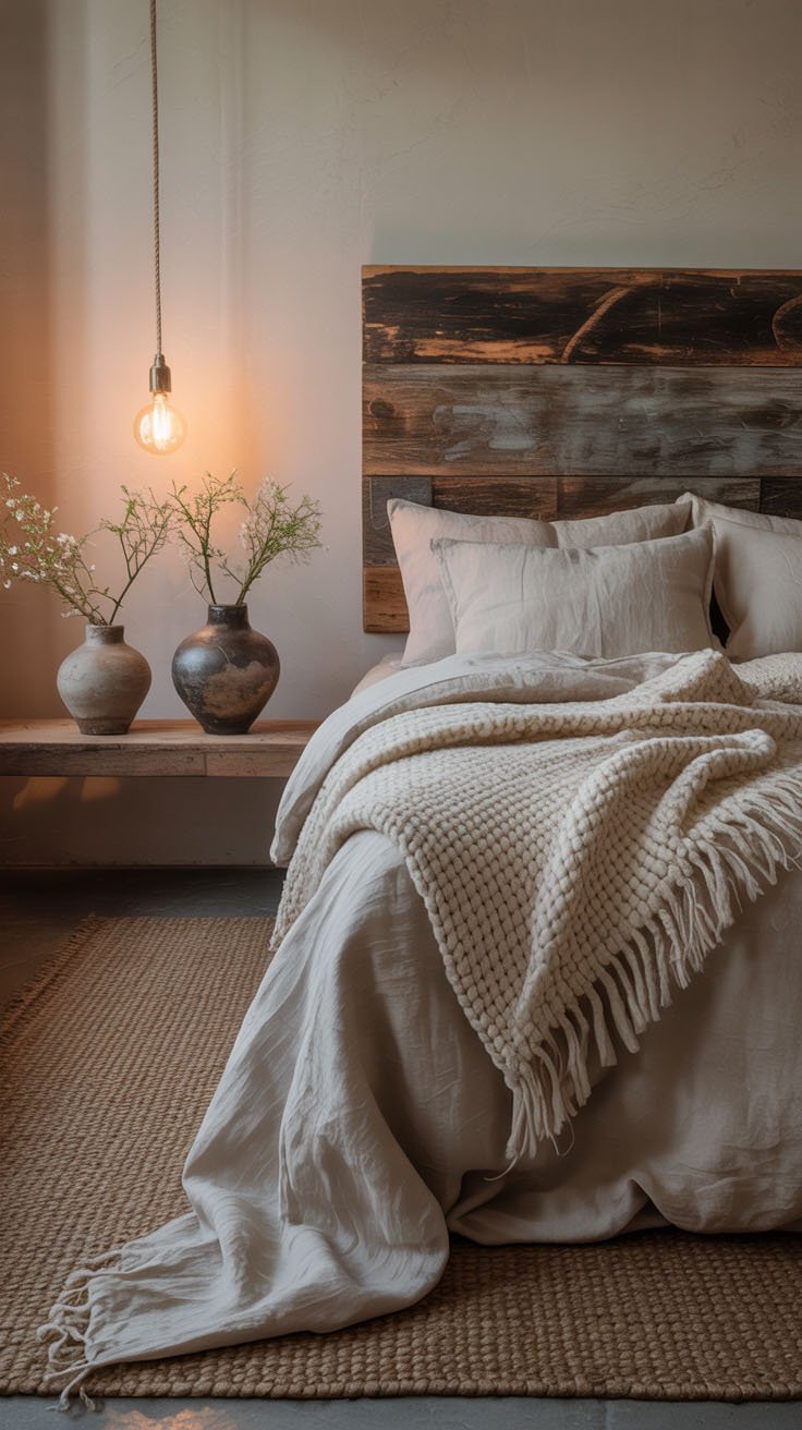 Chambre style campagne avec tête de lit en bois récupéré et plaid blanc
