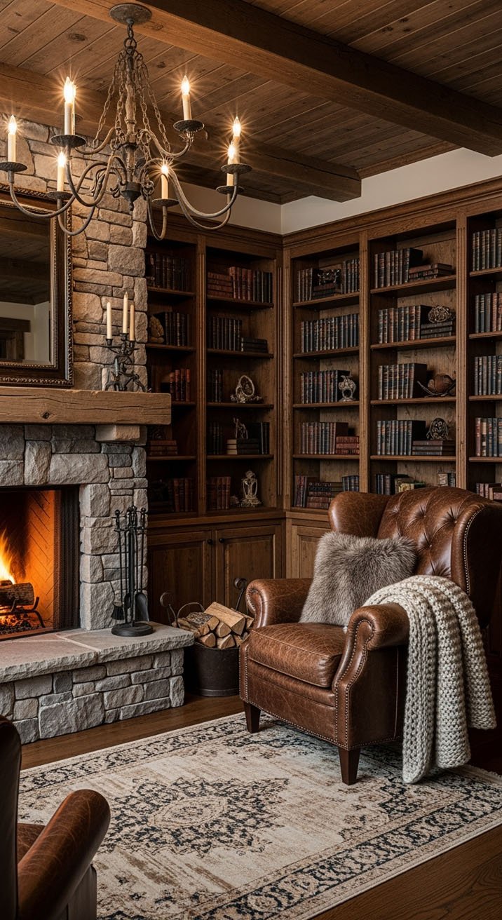 Bibliothèque rustique avec cheminée en pierre et fauteuil en cuir