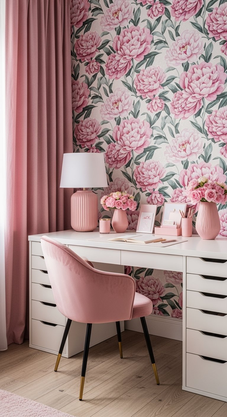 Bureau de style coiffeuse blanc avec chaise en velours rose devant un papier peint à pivoines