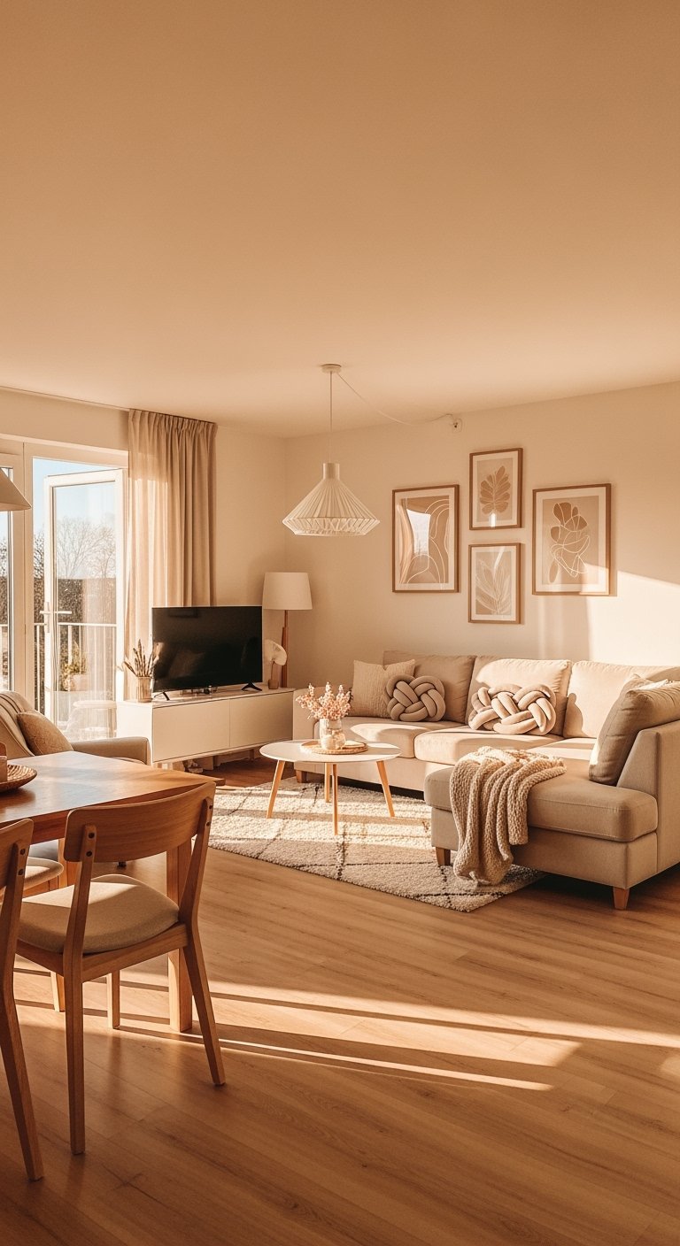 Canapé beige baigné de lumière naturelle dans un salon aux tons chauds