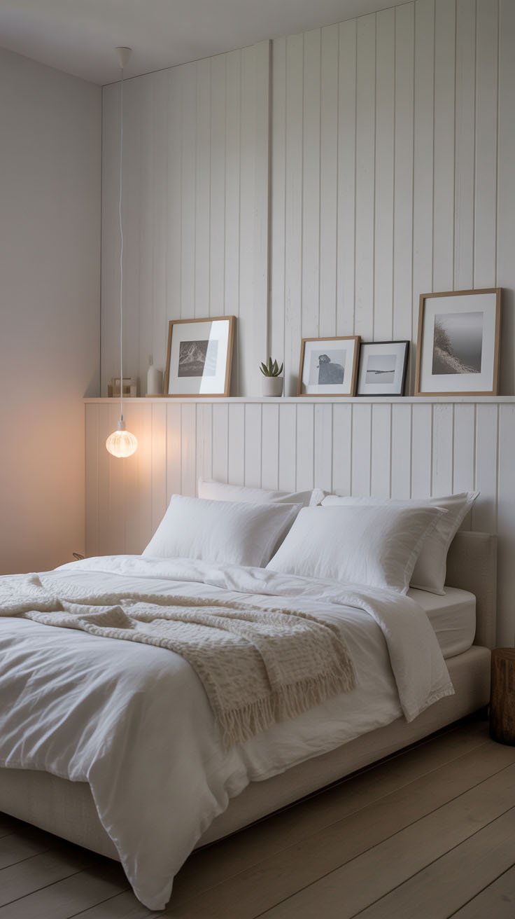 Chambre blanche avec mur en lambris et étagère à cadres