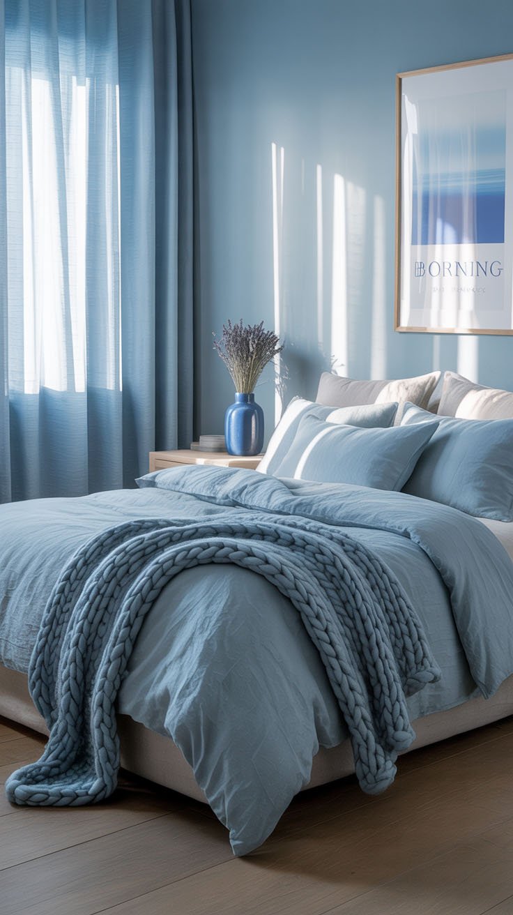 Chambre bleu pastel apaisante avec plaid en tricot et lavande
