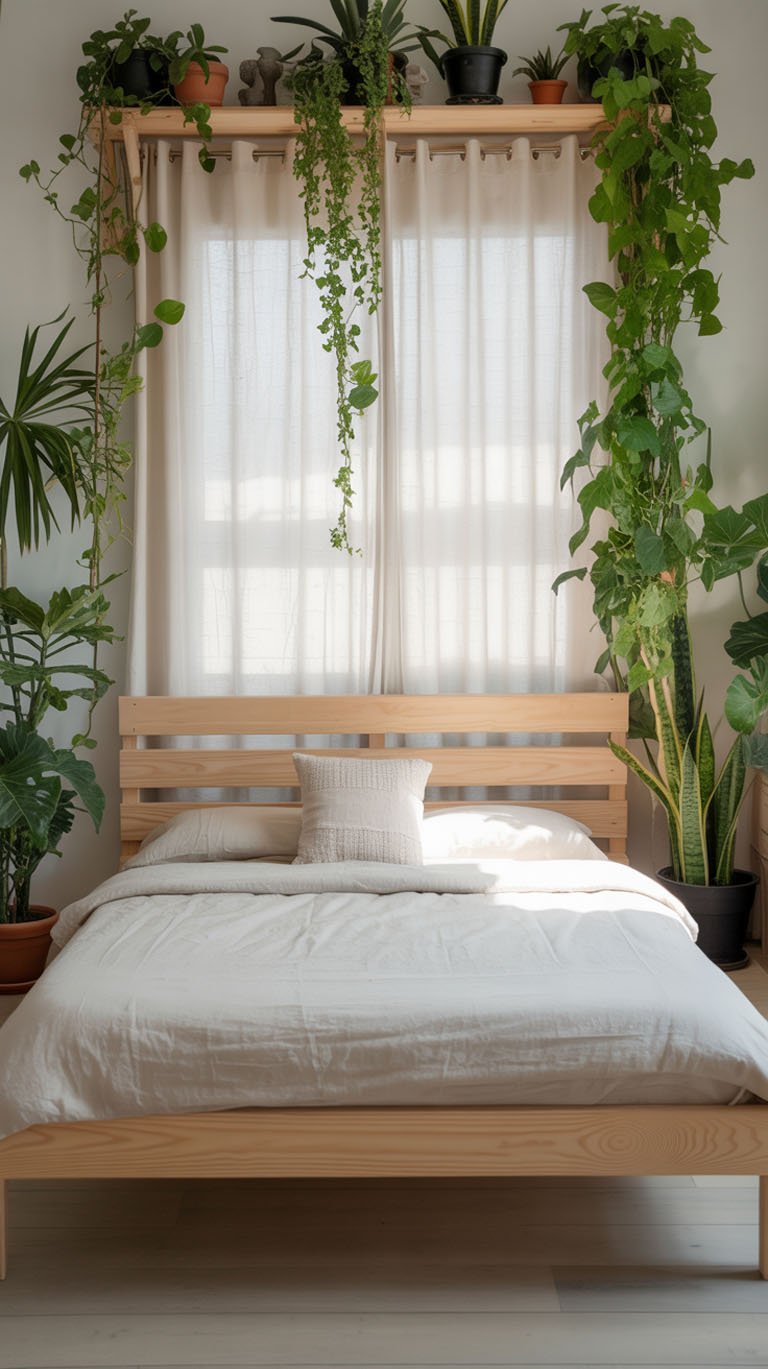 Chambre rustique avec lit en bois simple et beaucoup de plantes vertes