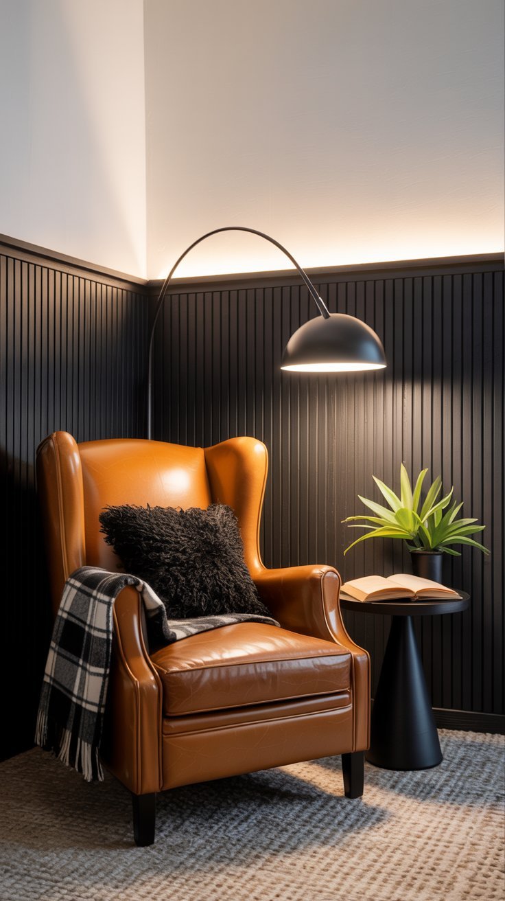 Coin lecture avec fauteuil en cuir camel devant un mur de tasseaux noirs