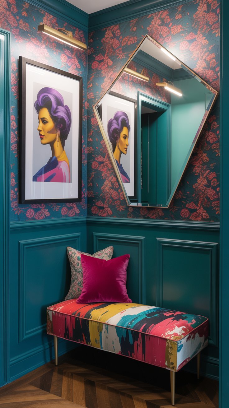 Entrée bleu canard avec banquette colorée et miroir en losange