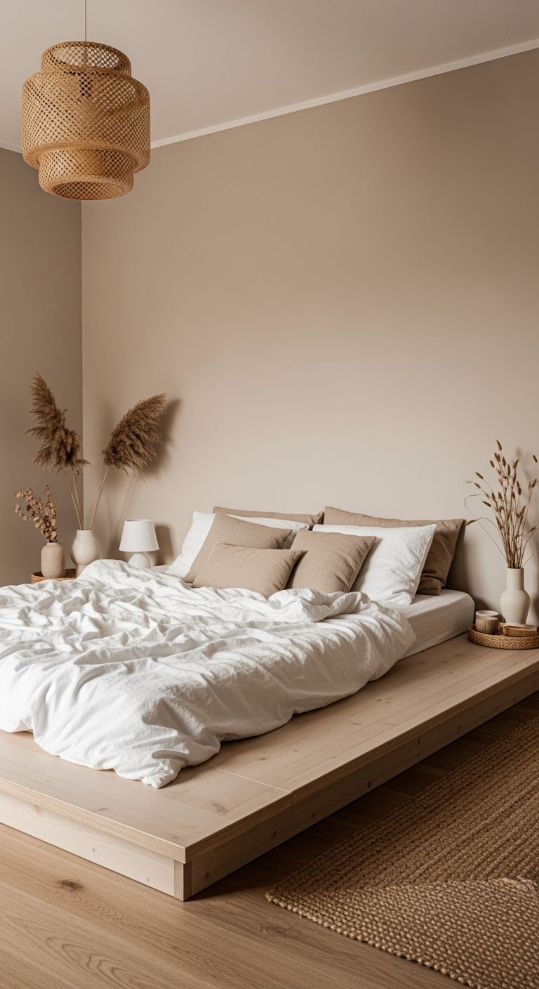 Lit bas sur plateforme en bois dans une chambre minimaliste