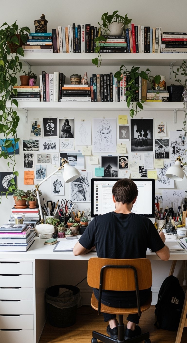 Personne travaillant à un bureau créatif avec des étagères pleines de livres