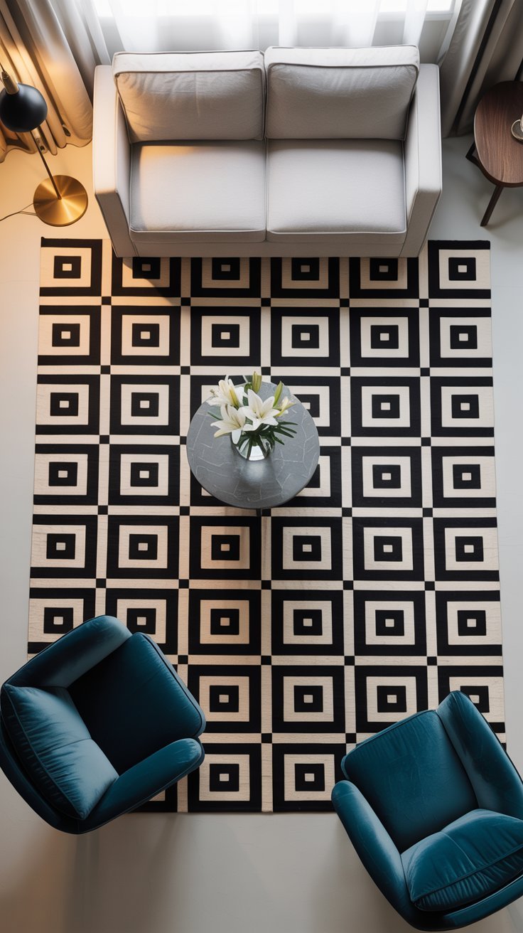Salon avec tapis géométrique noir et blanc et fauteuils en velours bleu