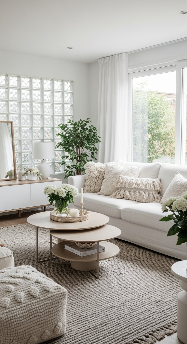 Salon blanc épuré avec canapé blanc et coussins texturés