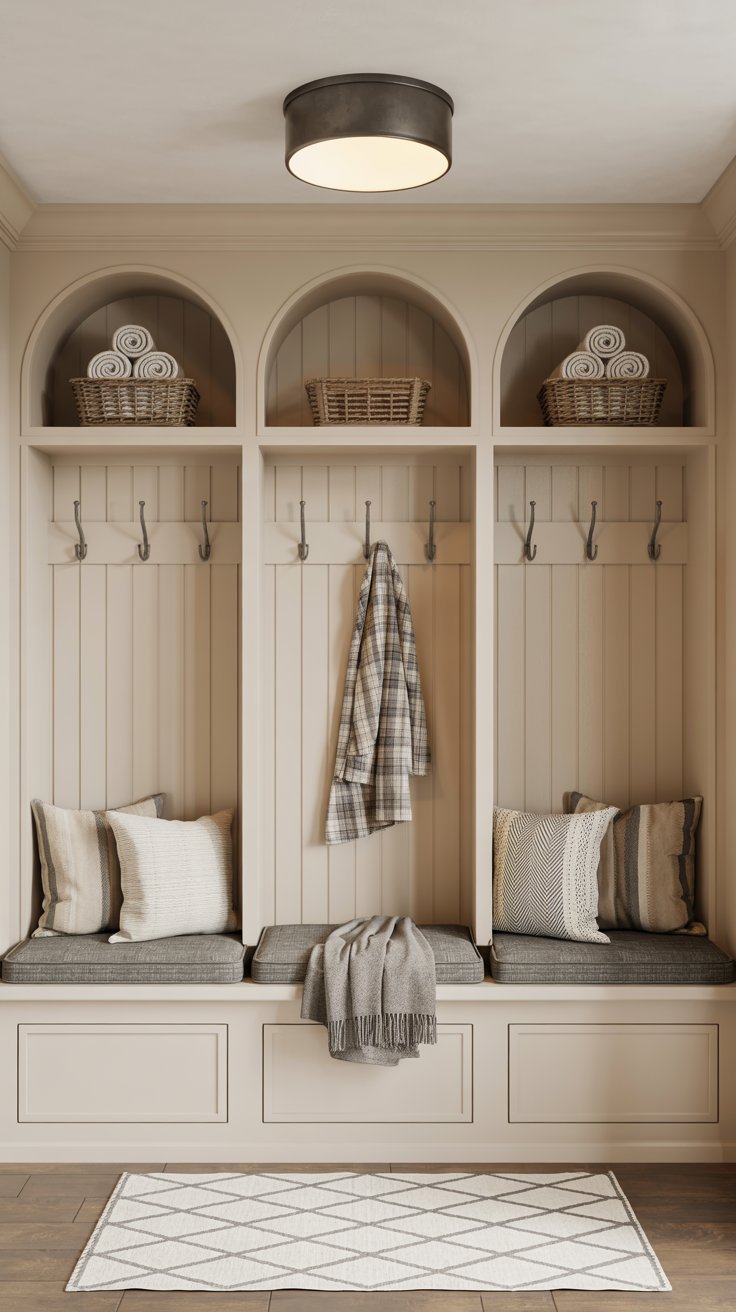 Vestiaire sur mesure avec niches de rangement arrondies et banquettes