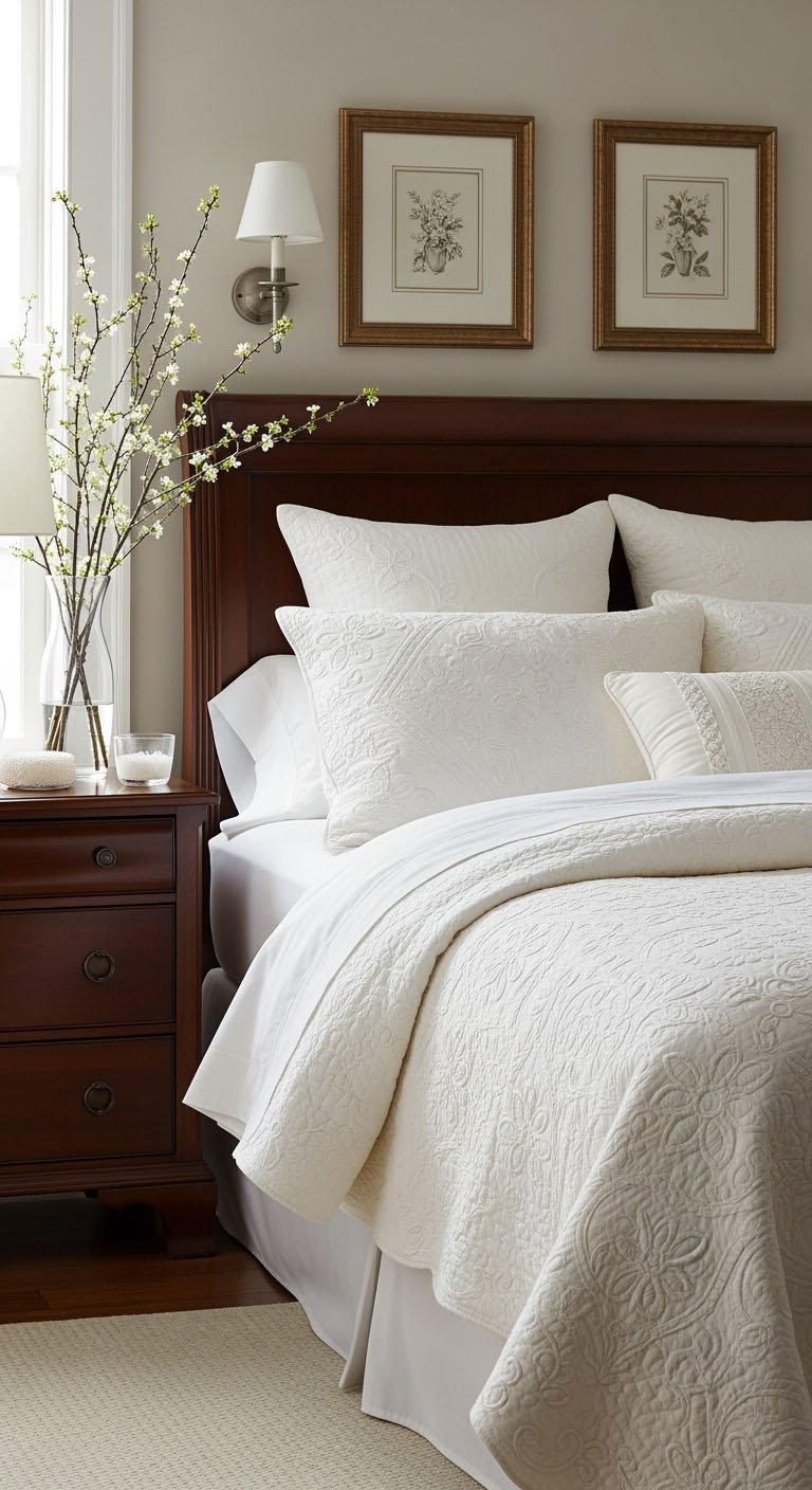 Chambre traditionnelle avec une tête de lit en bois foncé et une literie blanche brodée.