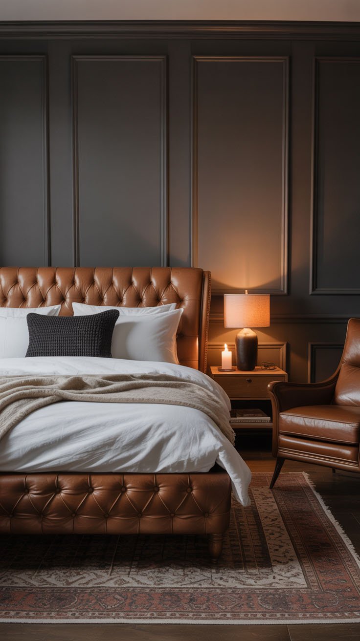 Chambre masculine avec lit en cuir marron et murs gris foncé