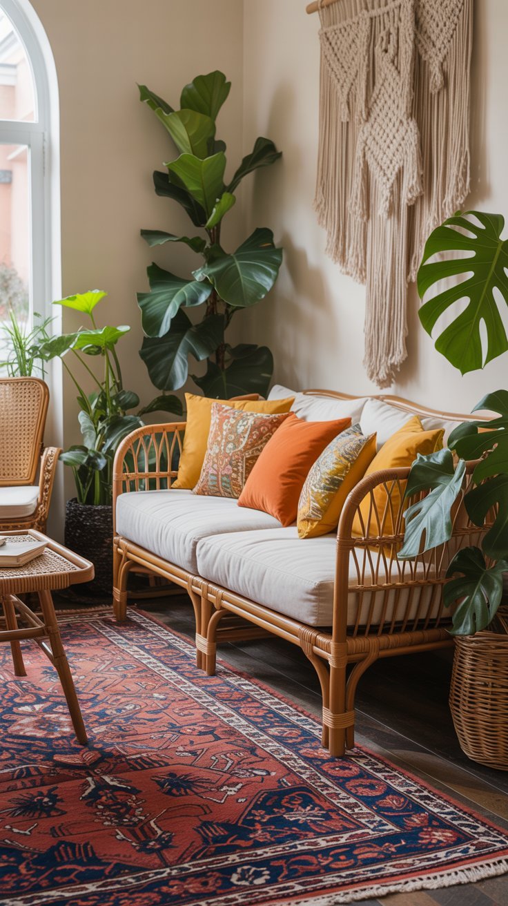Banquette en rotin avec coussins colorés et tapis persan