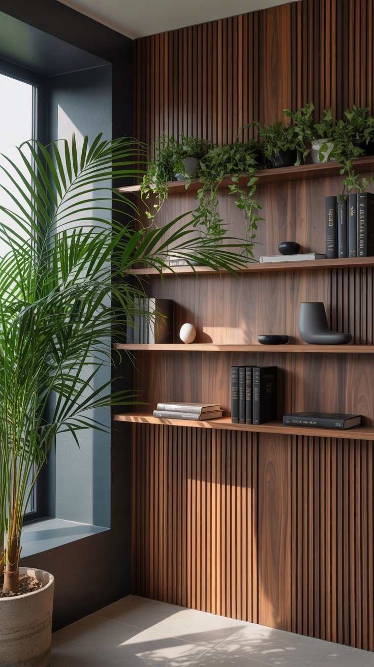 Bibliothèque intégrée dans un mur de tasseaux en bois foncé